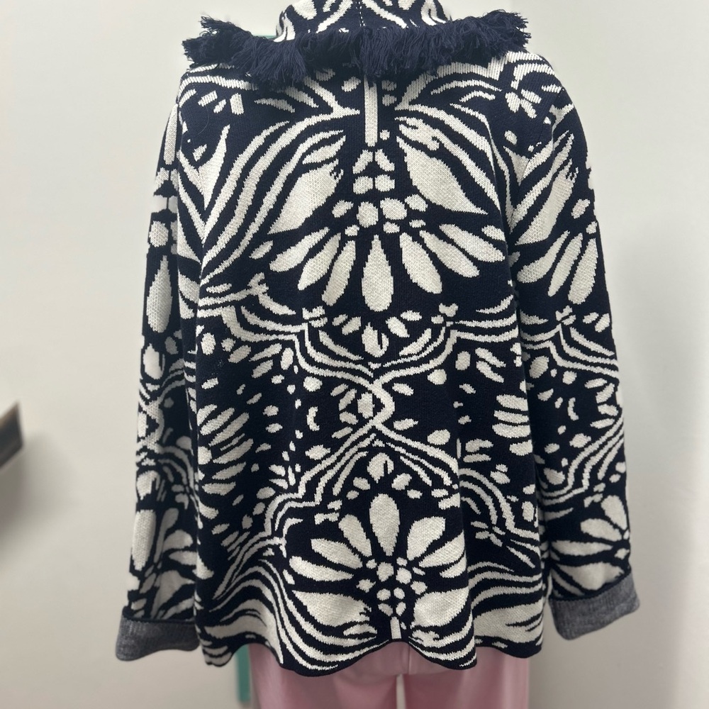 Boden Navy and White Fringed Jacquard Open Topper Cardigan - Picture 3 of 9